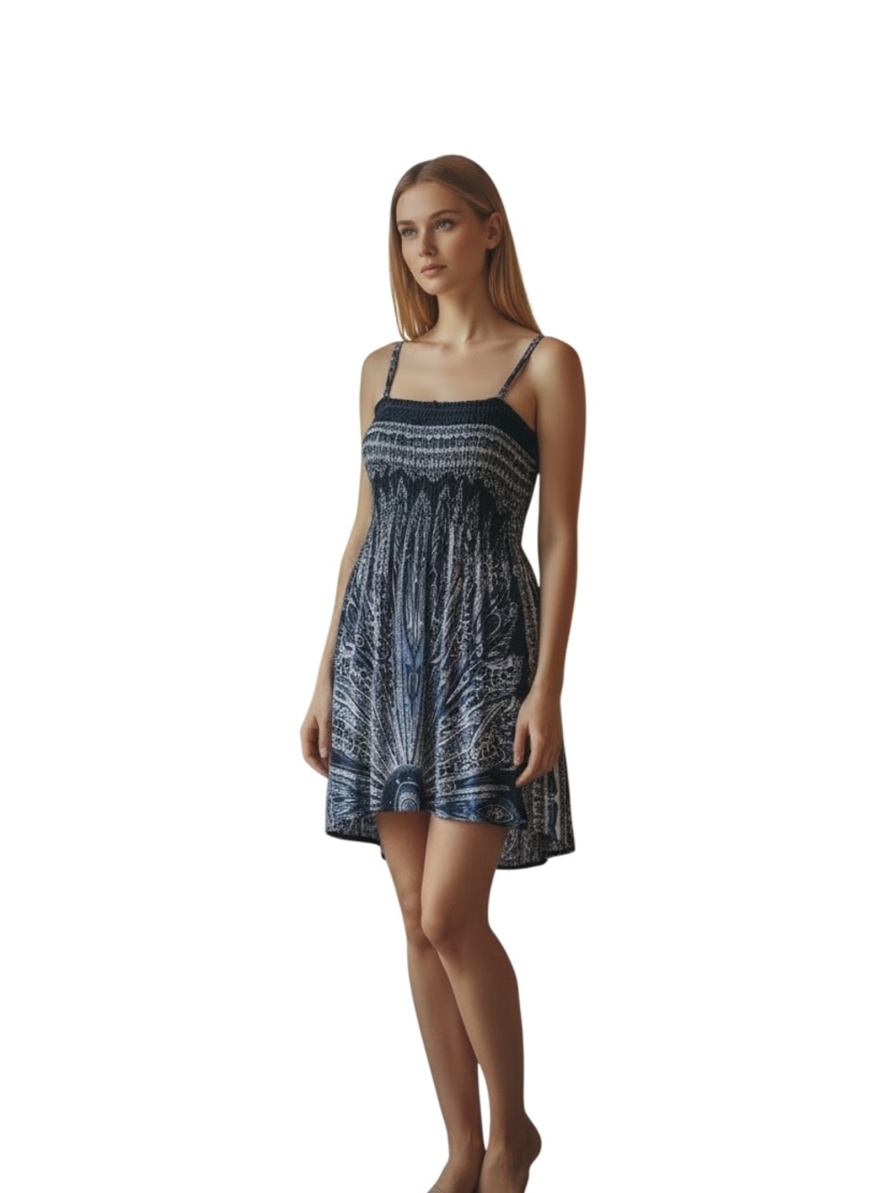 India Boutique black& white Smocked Mini Dress Boho Radiant Print size large